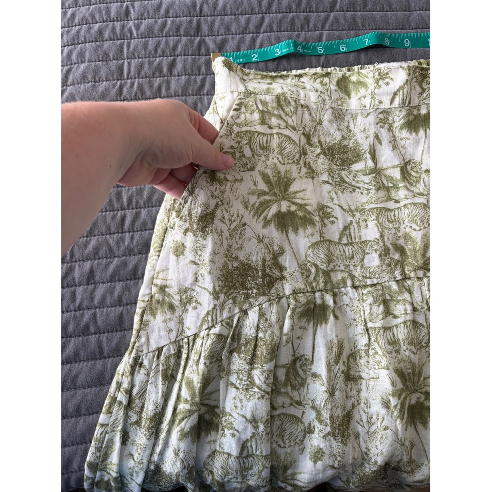 Rachel Zoe Green White Toile Safari Print 100% Linen Midi Skirt Womens Medium - Picture 7 of 9